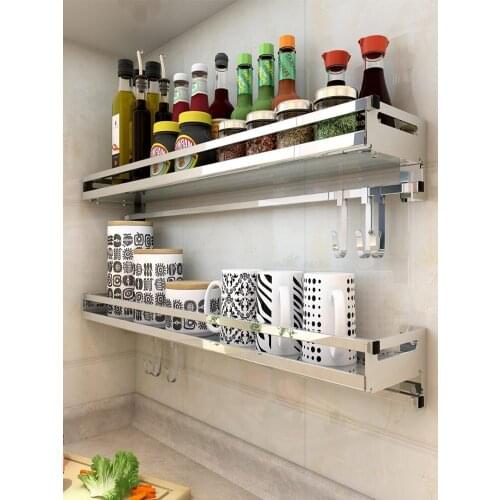 304 Stainless Steel Kitchen Rack Wall Hanging Type Punch Free Seasoning Frame Save Space Supplies Wall Mounted Kitchen Rack