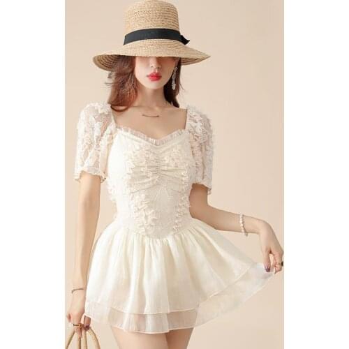 Bikinis 2021 Push Up Korean Hot Bathing Suit Women Trendy Sun Swimwear One Piece Plus Size Swimsuit With Dress White Sweet Lycra