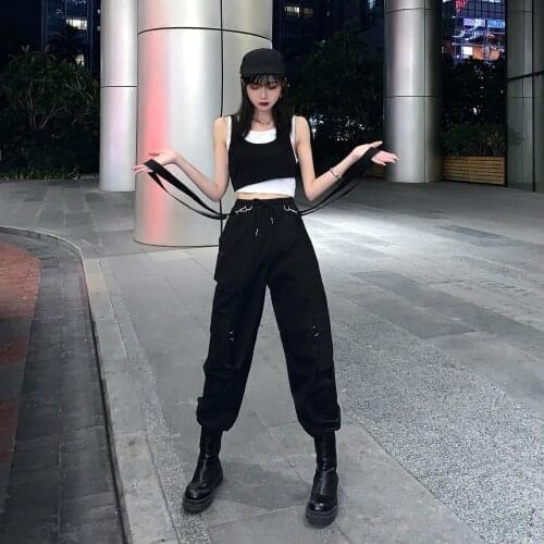 Hip-hop High Street Cargo Pants Women Fashion Harajuku High-waist Casual Pants Plus Size Overalls Women Black Gothic Pants