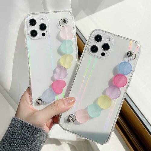Wrist Chain Case for iPhone 12 Pro Max 7 8 Plus XR XS Max Clear Cases Cute laser Candy Smiley Chain Hanging Case for iPhone 11