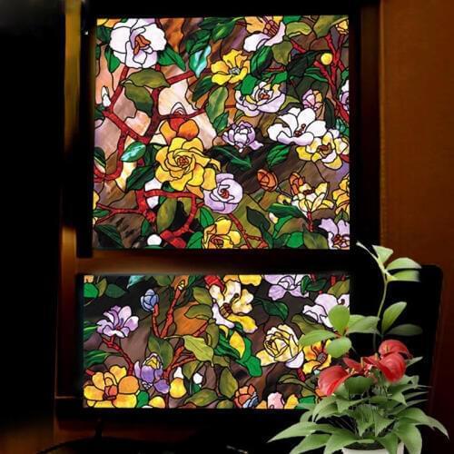 Camellia Stained Glass Window Film Sticker electrostatic Privacy Door Frosted 3D Opaque decorative films 40/45/50/60/70/80*100cm