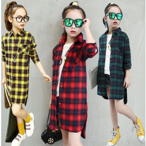 Child girl clothes 4-13T kids blouses for spring&autumn children fashionable shirt girls long style plaid jacket for teenage kid