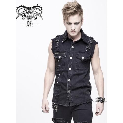 Devil Fashion Mens Punk Vest Streetwear Tattered Design Daily Denim Waistcoat