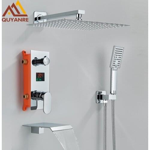 Chrome Bathroom Digital Display Shower Faucet Set Rainfall Shower LCD 2-way Mixer Tap Bathtub Shower System Bath Shower Mixer