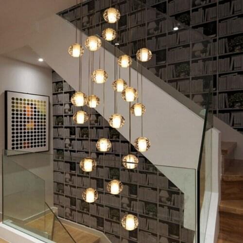 Crystal glass ball villa living room lighting simple tea shop restaurant lighting rotating double staircase long chandelier
