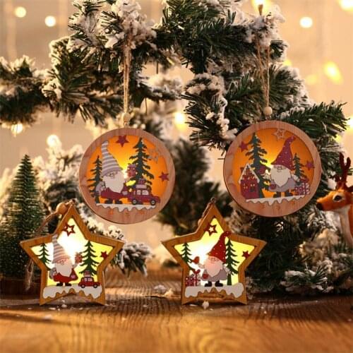 Wear-resistant Hanging Ornament Delicate Wood LED Round Five-Pointed Star Luminous Christmas Pendant for Daily Use