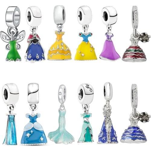 Classic Anime Disny Princess Dress Pendant Fit Original Pandora Charms Bracelet Cartoon Colors Skirt Beads DIY Jewelry for Women