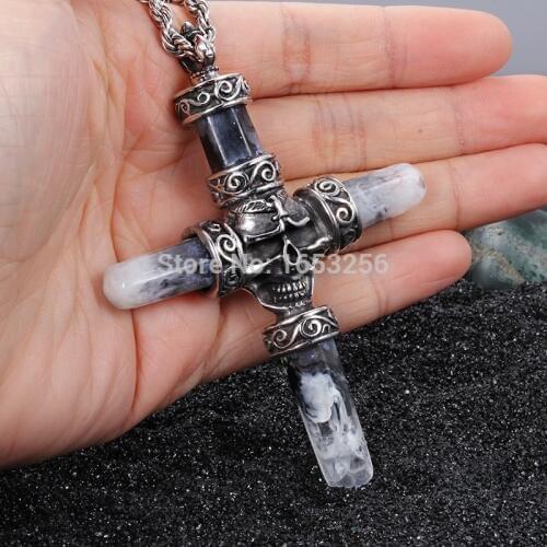Cool Mens Vintage Jewelry Stainless Steel Gothic Biker Large Skull Cross Pendant Necklace 22" Rope Chain