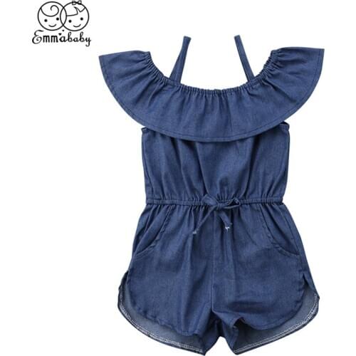 Emmababy Romper for Toddler Kid Newborn Baby Girl Blue Strap Off Shoulder Denim Romper Jumpsuit Playsuit Clothes Outfit Summer
