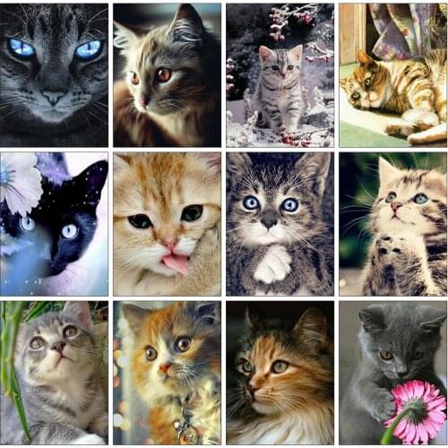 Huacan Diamond Mosaic Set For Embroidery Cross Cat 5D Diamond Art Painting Animals Picture Of Rhinestones Home Decoration