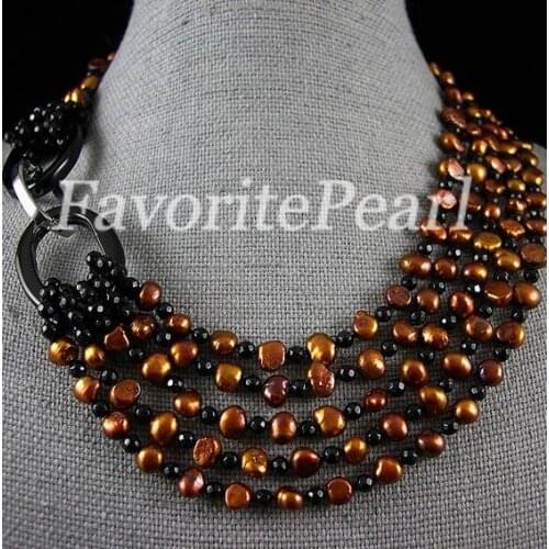 New Arrival Favorite Pearl Necklace 5 Row Black Agate Crystal Brown Natural Freshwater Pearl Necklace Wedding Party Fine Jewelry