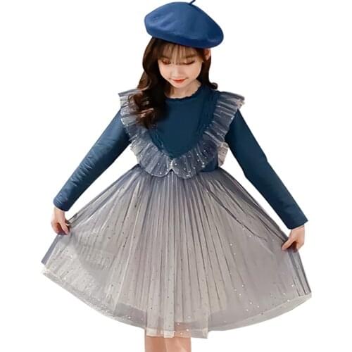 Girl Princess Dresses Solid Color Girls' Dresses Casual Style Children Party Dresses Spring Autumn Clothes Girl 6 8 10 12 14