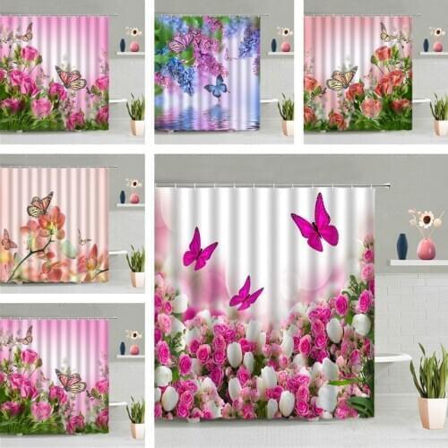 Pink Rose Flower Shower Curtain Floral Clusters Colorful Butterfly Plant Girl Bath Screen Wall Hanging Curtains Bathroom Decor