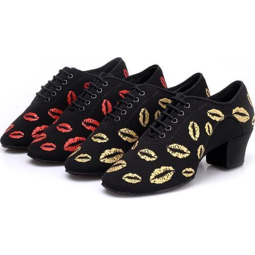 USHINE BD65 heel 5cm Gold Lips Oxford cloth ChaCha teacher dance shoes ballroom dancing printing Latin ballet dance shoes woman