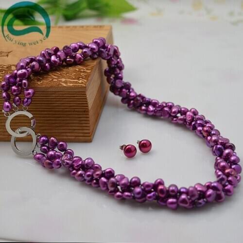 Unique Pearls Necklace Earrings Jewelry Set Amaranth Baroque Freshwater Pearl Handmade Fine Jewelry Party Chirstmas Women Gift