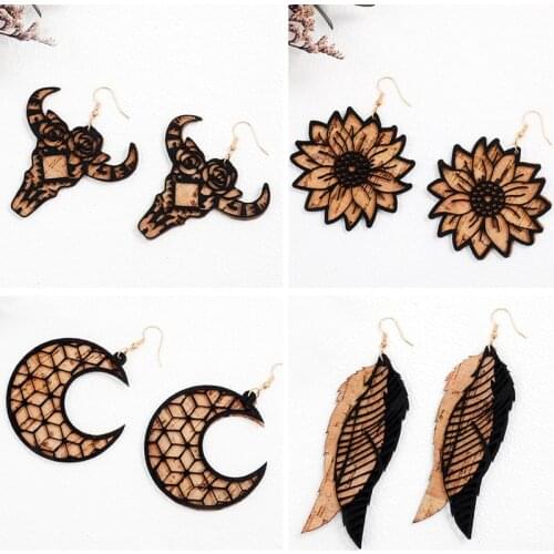 Vintage Old European and American Earrings Texture Cork Leather Western Cow Head Sun Flower Leaf Butterfly Wing Earrings