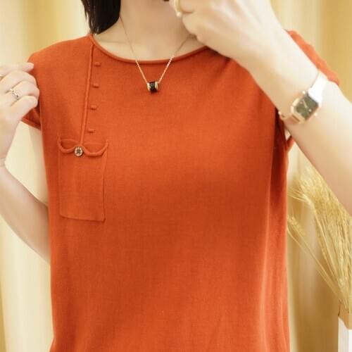 Pure cotton knitted sweater female pullover O-neck short-sleeved thin loose pullover female sweater knitted top soft