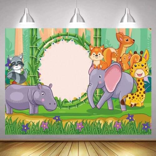 Green Forest Cartoon Animals Jungle Party Backdrops Photography Customize Newborn Baby Shower Kids Birthday Photo Backgrounds