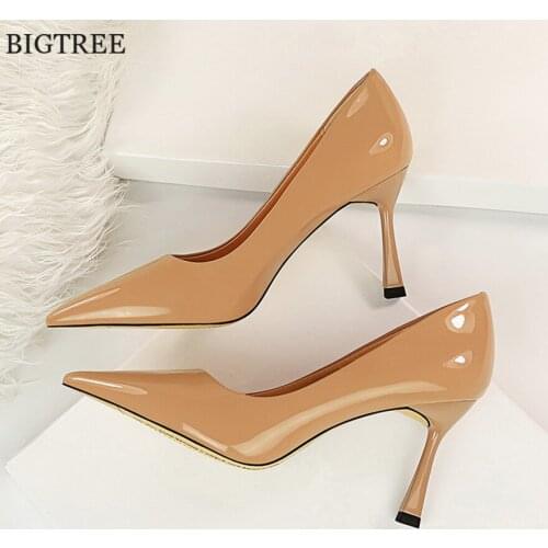 Women Shoes High Heels Classic Fashion Female Pumps Nude Patent Leather Pointed Toe Lady Bride Elegant Work Shoes Woman Autumn