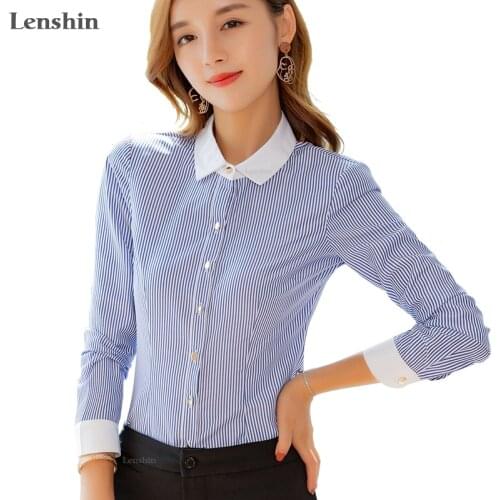 Lenshin Blue and White Stripe Shirts for Women Long Sleeve Blouse Work Wear Office Lady Female Tops Chemise Contrast Collar