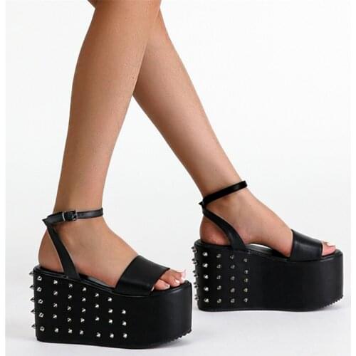 Brand 2021 Fashion Rivets Gothic Street Style Black Platform Rivets Wedges High Heels Comfy Walking Summer Sandals Shoes Women