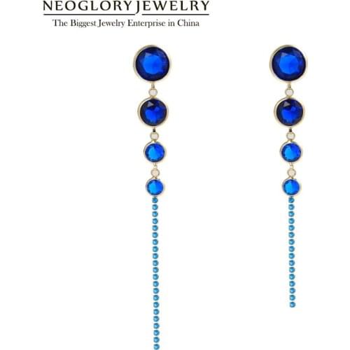 Neoglory Blue Zircon Gradual Change Beads Long Drop Earrings for Women Personality Raindrop Tassel Ear Accessory Gifts