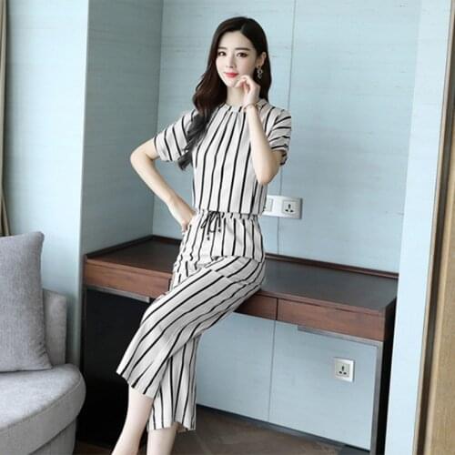Womens Striped Leisure Suit Short Sleeved Blouse+Wide Leg Pants Two Pieces Set
