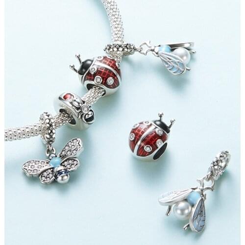 Woman fine jewelry animal pendant bee charm ladybug beads fit Pandora bracelet DIY sterling silver 925 necklace charms making
