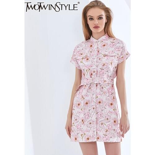 TWOTWINSTYLE Slim Print Floral Dress For Women Stand Collar Short Sleeve High Waist Sashes Dresses Female 2021 Womens Clothing