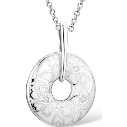 Women Vintage Retro White Enamel Round Circle Pendant Necklace Elegant Porcelain Paint Flower Pattern Clavicle Chain Necklace