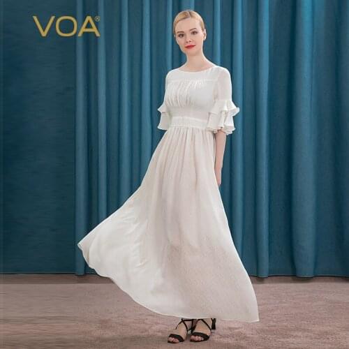 VOA Silk 22m/m Jacquard Silk Round Neck Five-Point Flounced Sleeves Tucker Pleats Stitching Elegant AL701 Red Dresses Women