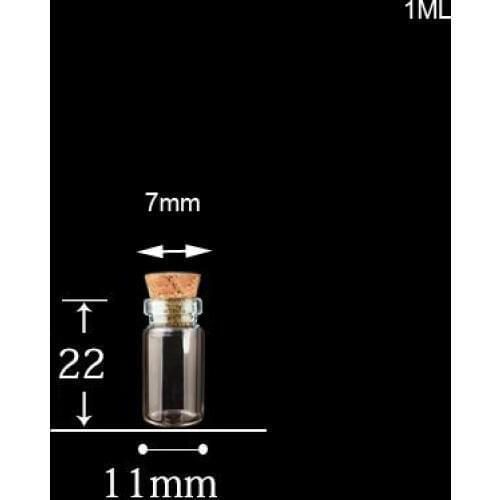 100pcs/lot 11*22*7mm 1ml clear cute Transparent Glass Bottles With Cork Empty Glass Vials Jars Wishing Bottles for wishes