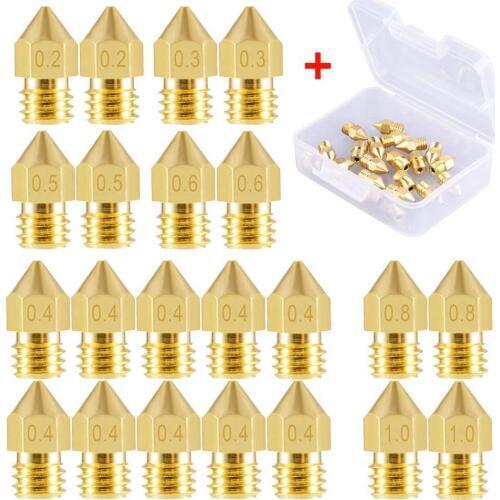 22 Pieces 3D Printer Nozzles MK8 Nozzle 0.2mm, 0.3mm, 0.4mm, 0.5mm, 0.6mm, 0.8mm, 1.0mm Extruder Print Head with Free Storage