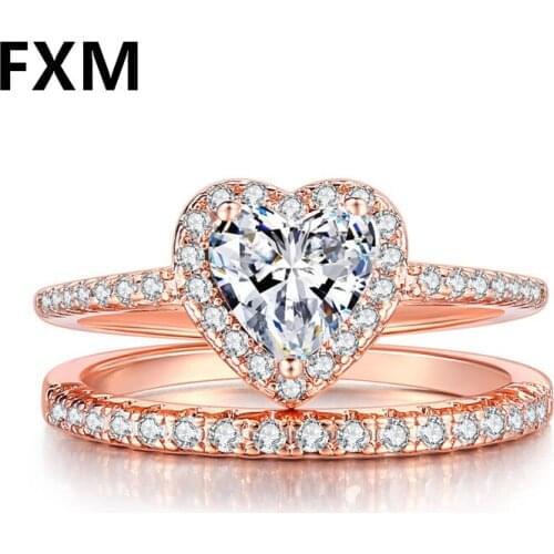 FXM Heart-shaped CZ Jewelry Rings For Women 2021 Bridal Wedding Engagement Double Couple Simple Set Ring Drop Shipping