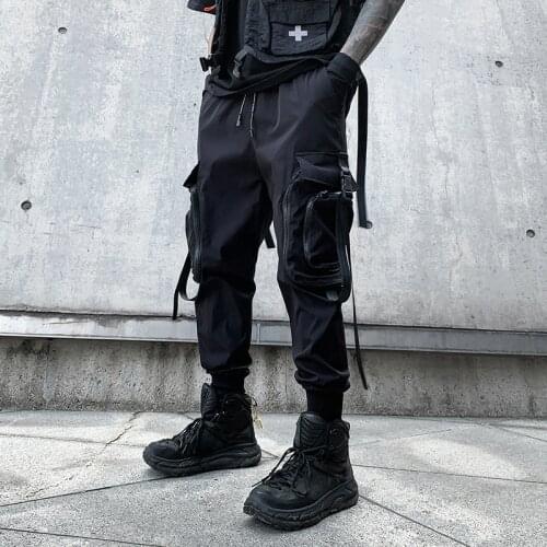 Ribbon Pocket Cargo Pants Mens Hip Hop Tactical Function Pants Streetwear Harajuku Jogger Mens Harem Pants