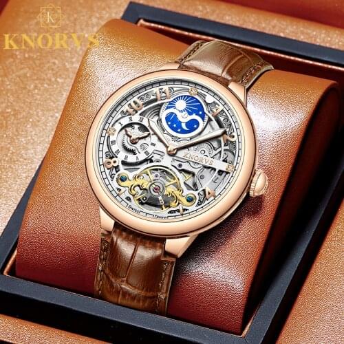 KNORVS Classic Mens Watches Automatic Mechanical Watch Tourbillon Clock Male Leather Waterproof Military Retro Moon Wristwatch