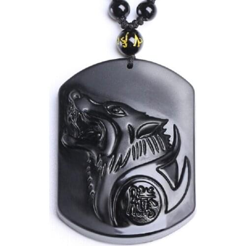 Black Obsidian Carving Wolf Head Pendant Necklace For Men Women Bead Chain Blessing Lucky Amulet Sweetheart Jewelry