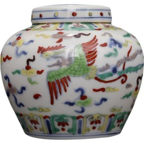 Jingdezhen ceramic storage tank tea pot hand painted blue and white flowers double phoenix wearing cloud pattern antique tin can