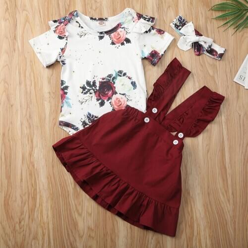 Pudcoco Newborn Baby Girl Clothes Flower Print Short Sleeve Romper Tops Strap Ruffle Skirt Headband 3Pcs Outfits Sunsuit Set