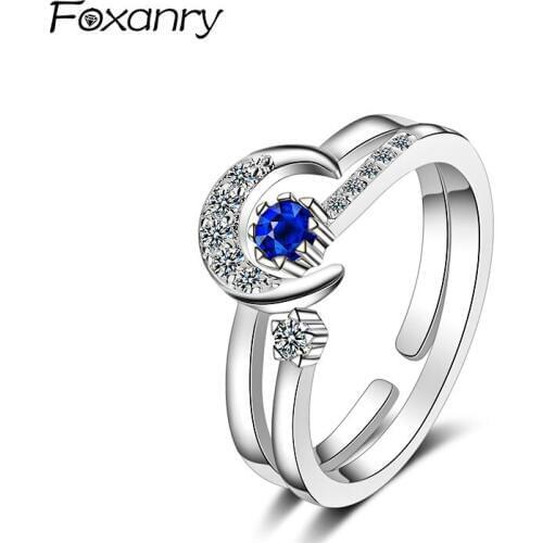 Foxanry 925 Sterling Silver Moon Star Opening Rings for Women Creative Trendy Two-in-one Crystal Rings Party Jewelry Adjustable