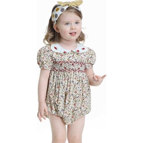 Baby toddler girl smocked romper 2021 summer kids infant girls elegant cotton smock floral jumpsuit rompers children bodysuit