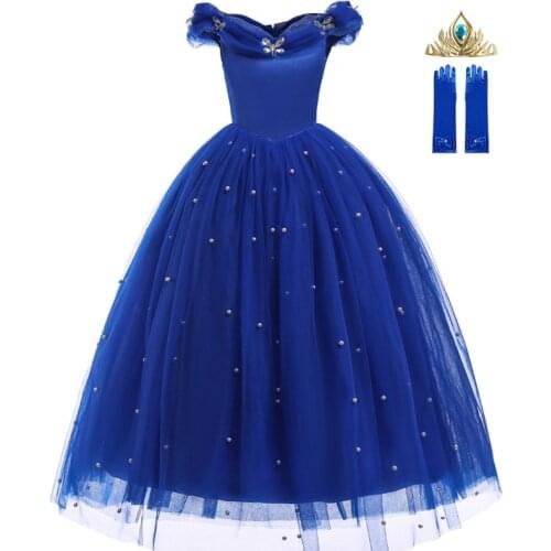Cinderella Princess Costume for Girl Pageant Ball Gown Child Blue Off Shoulder Beads Tulle Princess Dress Halloween Party Dress