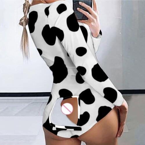 Fashion Women Printing Deep V-Neck Long Sleeve Button Bodycon Nightwear Jumpsuit Overalls Bodysuit Playsuit Romper Sleepwear#35
