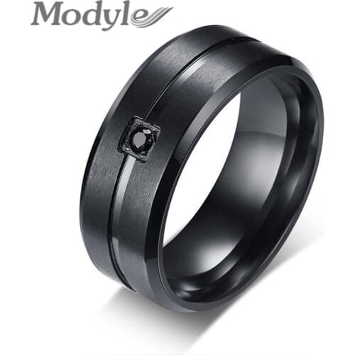 Modyle New Brand High Polished Black 316L Stainless Steel AAA Cubic Zirconia Ring for Man