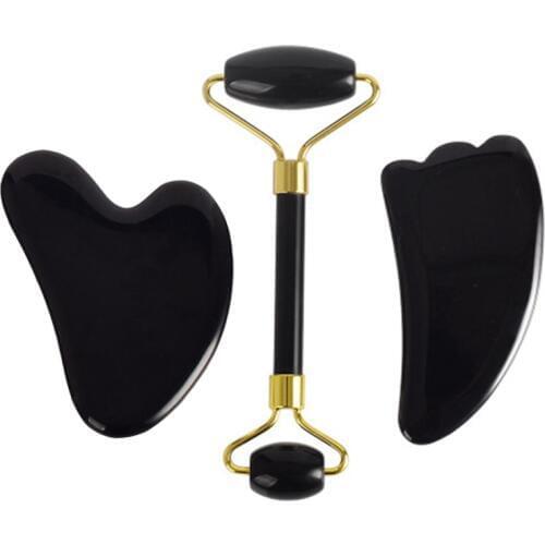 Jade Roller And Gua Sha Tools Set Natural Black Obsidian Facial Massage Roller Guasha Board Jade Stone Face Lift Dropshipping