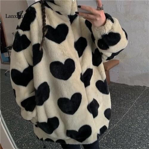 Autumn Winter Thick Jacket Female Casual Fashion Lamb Fluffy Comfortable Sweet Korean Loose Heart Pattern Warm Faux Fur Coat