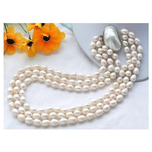 3row 18" 12mm rice white Freshwater cultured pearl necklace mabe
