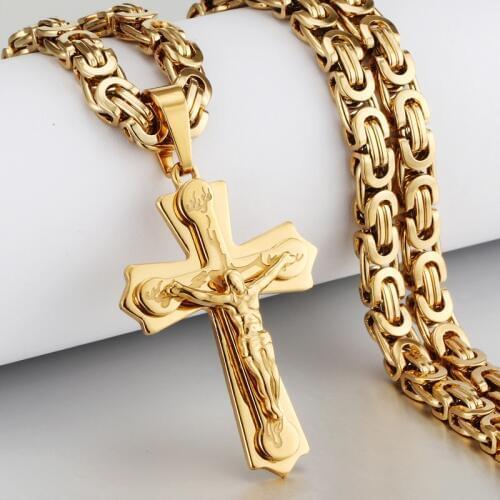 Religious Jesus Cross Necklace For Men Gold Stainless Steel Crucifix Pendant with Chain Necklaces Male Necklace Jewelry Gift
