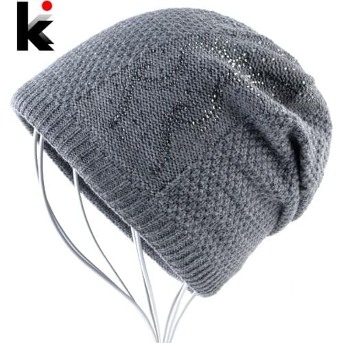 Warm Knitted Beanie With Rhinestones Winter Double Lining Hats For Women Fashion Plait Solid Color Skullies Beanies Ladies cap