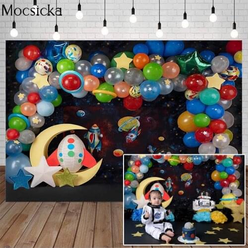 Outer Space Theme Backdrop Child Birthday Balloon Party Cake Smash Decor Planet Galaxy Astronaut Moon Photo Studio Background